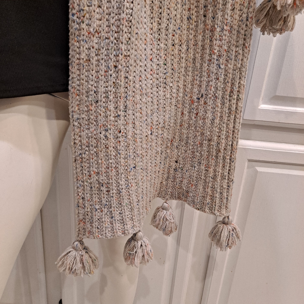 J. Crew Oatmeal Multicolor Speckled Ribbed Knit Wool Scarf With Pompoms - Picture 2 of 6